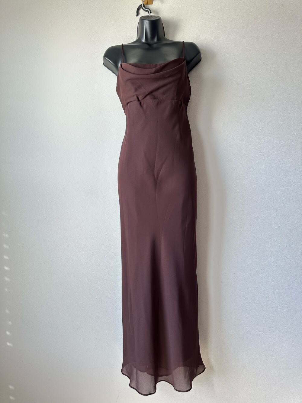 Vintage 90s Chocolate Brown Chiffon Midi Dress Cowl Neck Slip Minimalist Size S